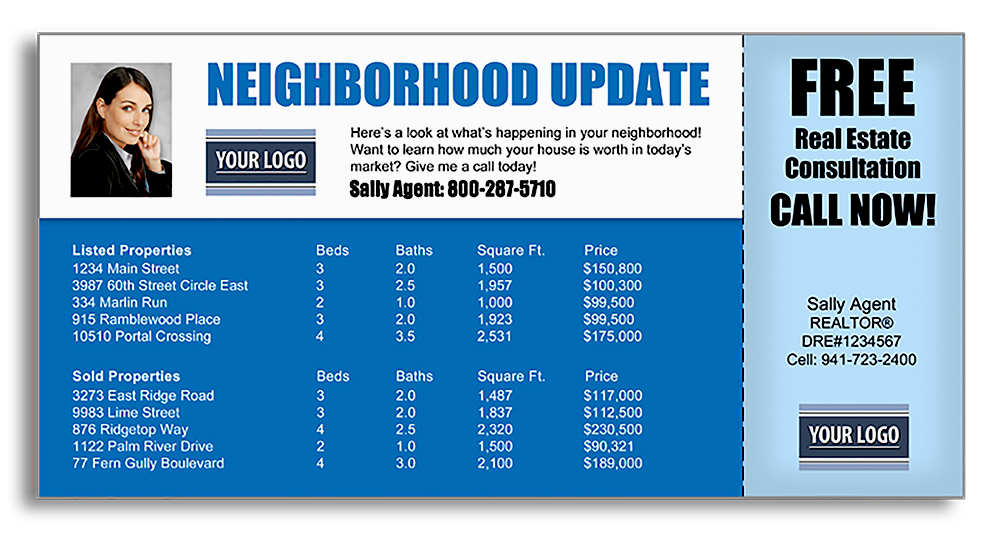 Realtor marketing postcards for neighborhood updates with a free offer
