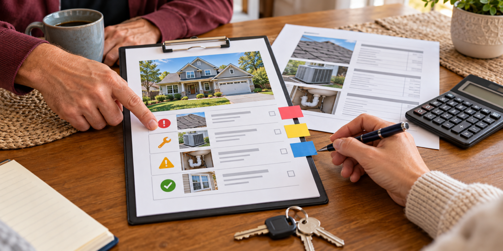 Agent and homeowner reviewing a property inspection report and repair priorities before listing a home.