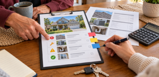 Agent and homeowner reviewing a property inspection report and repair priorities before listing a home.