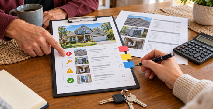 Agent and homeowner reviewing a property inspection report and repair priorities before listing a home.
